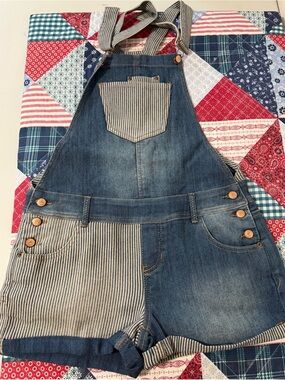 American Rag Junior Blue Striped Patchwork Denim Short Overalls